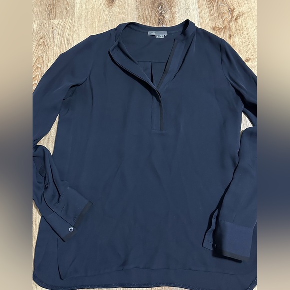 Vince Navy Blue Long Sleeve V Neck Silk Blouse - Picture 1 of 5